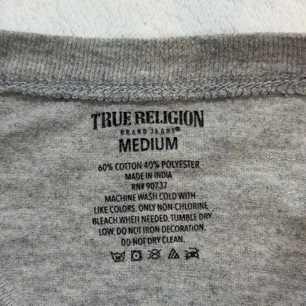 True Religion T-Shirt Mens Medium Gray Good Horseshoe Sleeve Logo Crewneck Tee‎